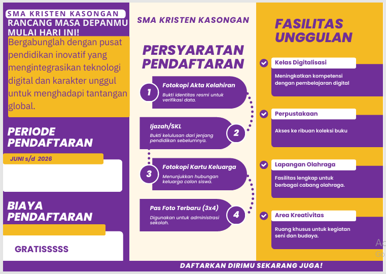 Pengumuman Seleksi Penerimaan Murid Baru (SPMB) SMAS Kristen Kasongan Tahun Pelajaran 2026/2027